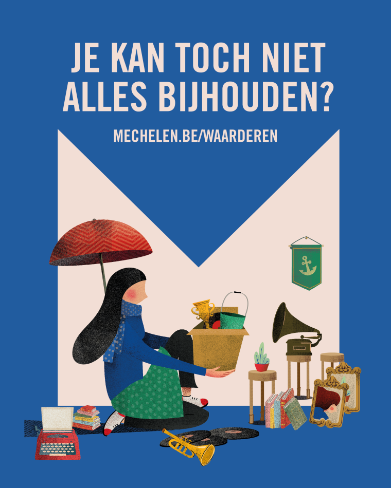 Campagnebeeld voor brochure Je kan toch niet alles bijhouden? met daarop een illustratie van een persoon met lange haren die opruimt en omringd is door allerlei spullen.