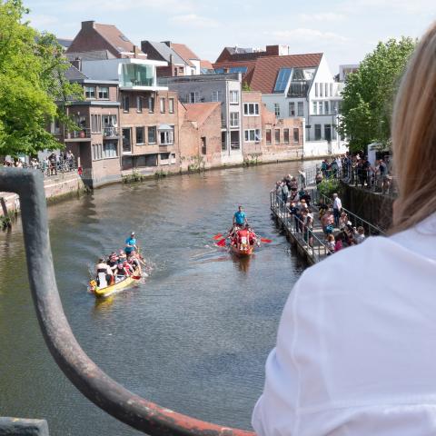 Foto gemaakt over de shouder van een toeschouwer wanneer twee universiteitsteams racen op de Dijle in drakenboten